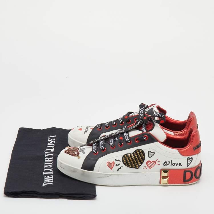 Pre Owned Dolce & Gabbana White/Red Leather Amore Heart Embroidered Low Top Sneakers Size 41