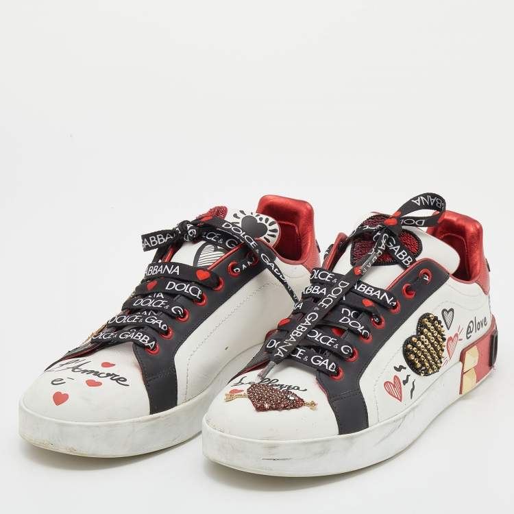 Dolce & Gabbana White/Red Leather Amore Heart Embroidered Low Top Sneakers  Size 41 Dolce & Gabbana | TLC