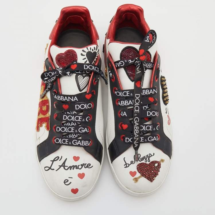 Pre Owned Dolce & Gabbana White/Red Leather Amore Heart Embroidered Low Top Sneakers Size 41