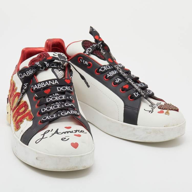 Pre Owned Dolce & Gabbana White/Red Leather Amore Heart Embroidered Low Top Sneakers Size 41