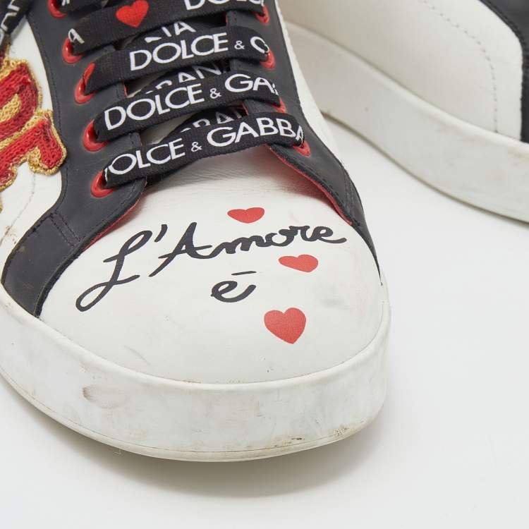 Pre Owned Dolce & Gabbana White/Red Leather Amore Heart Embroidered Low Top Sneakers Size 41