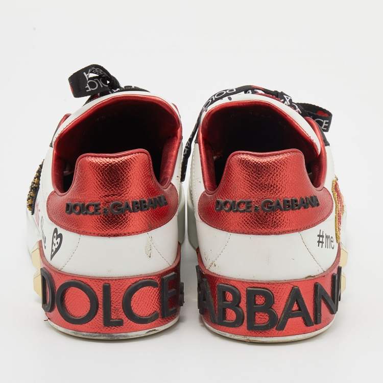 Pre Owned Dolce & Gabbana White/Red Leather Amore Heart Embroidered Low Top Sneakers Size 41
