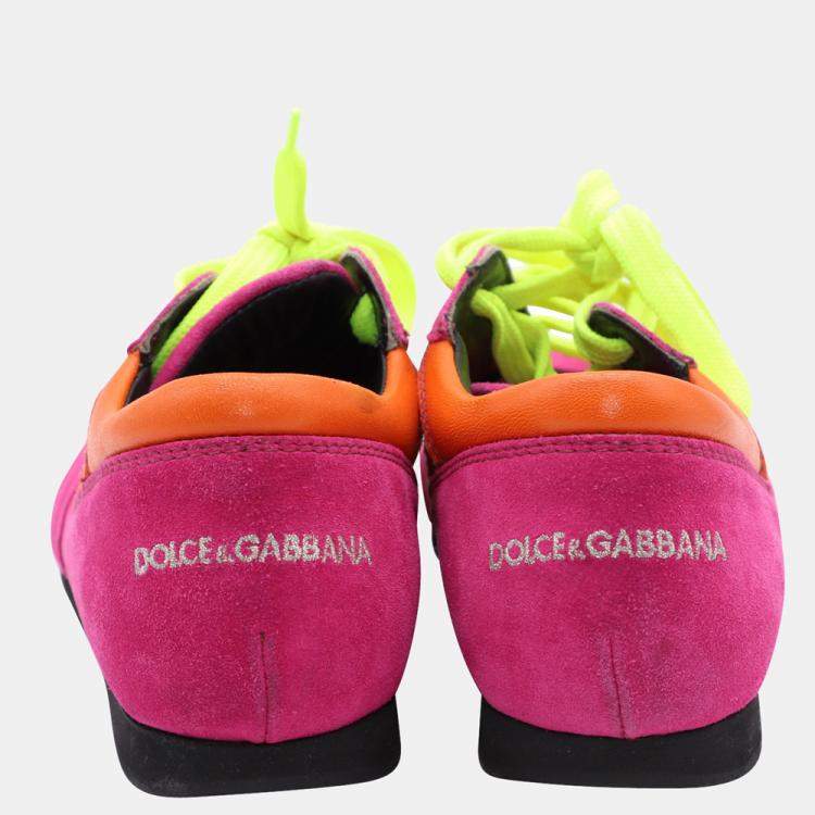 Pre Owned Dolce & Gabbana Pink and Multicolor Suede Lace Up Sneakers Size EU 39