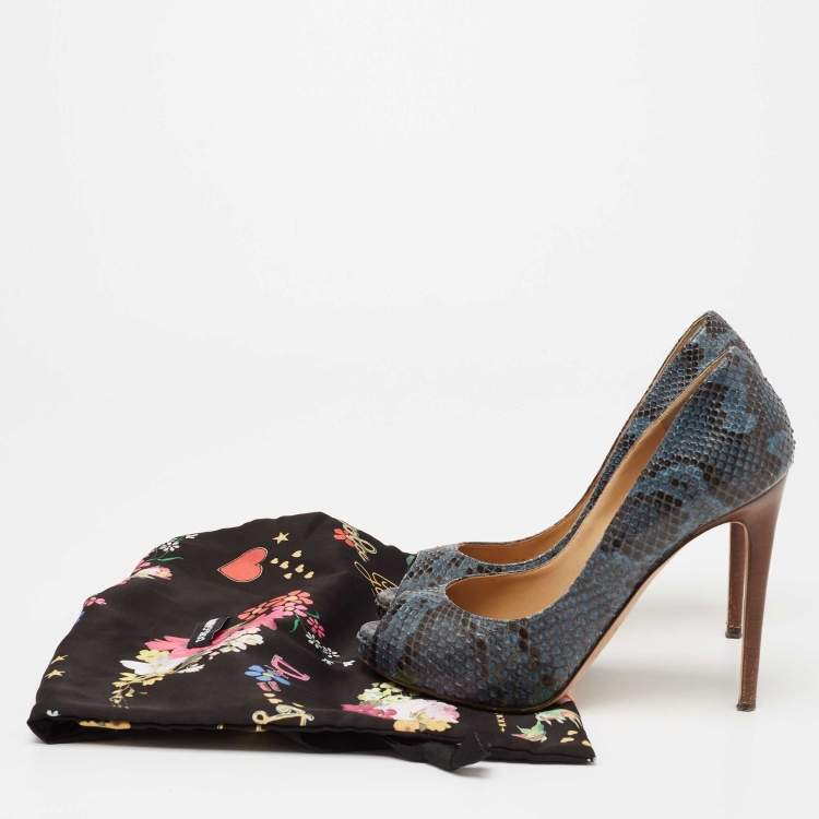 Pre Owned Dolce & Gabbana Blue/Black Python Leather Peep-Toe Pumps Size 37