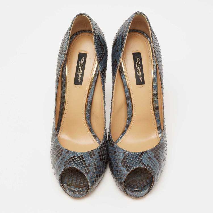 Pre Owned Dolce & Gabbana Blue/Black Python Leather Peep-Toe Pumps Size 37