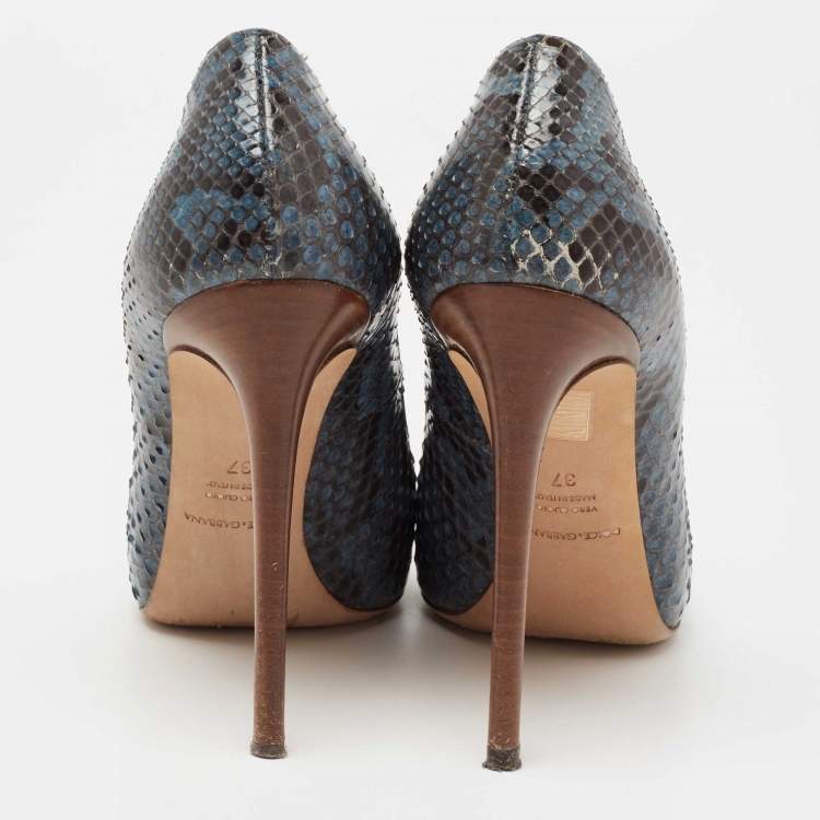 Pre Owned Dolce & Gabbana Blue/Black Python Leather Peep-Toe Pumps Size 37