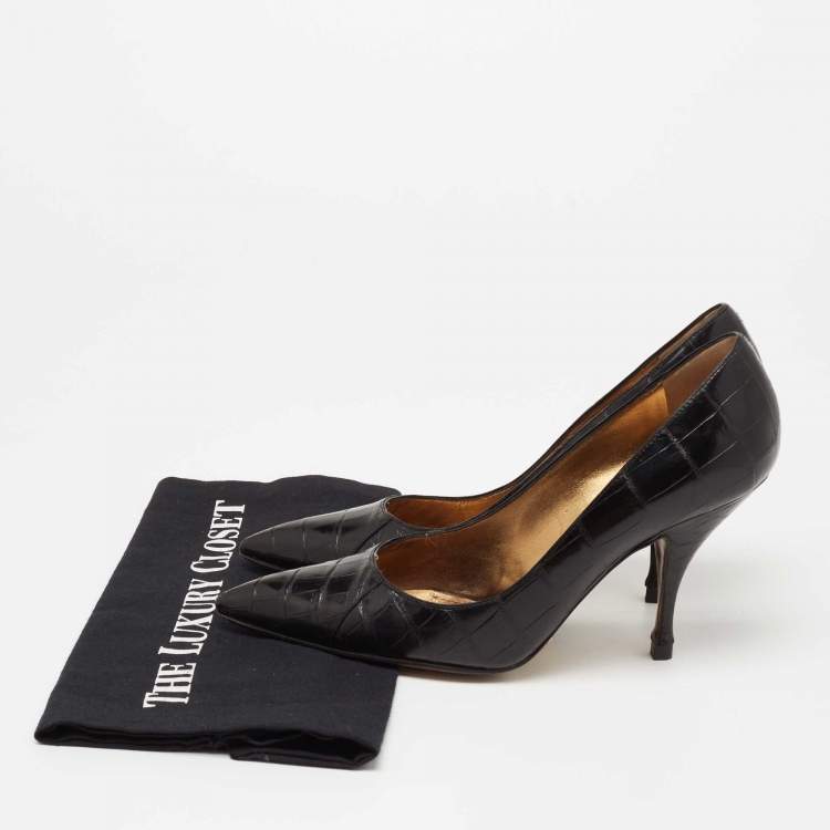 Pre Owned Dolce & Gabbana Black Croc Embossed Leather Pointed Toe Pumps Size 37.5