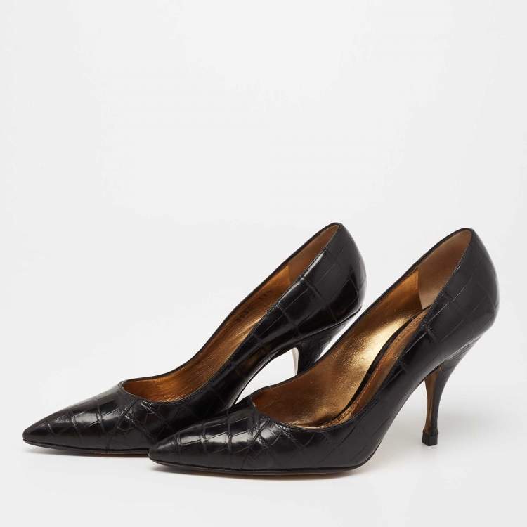 Pre Owned Dolce & Gabbana Black Croc Embossed Leather Pointed Toe Pumps Size 37.5
