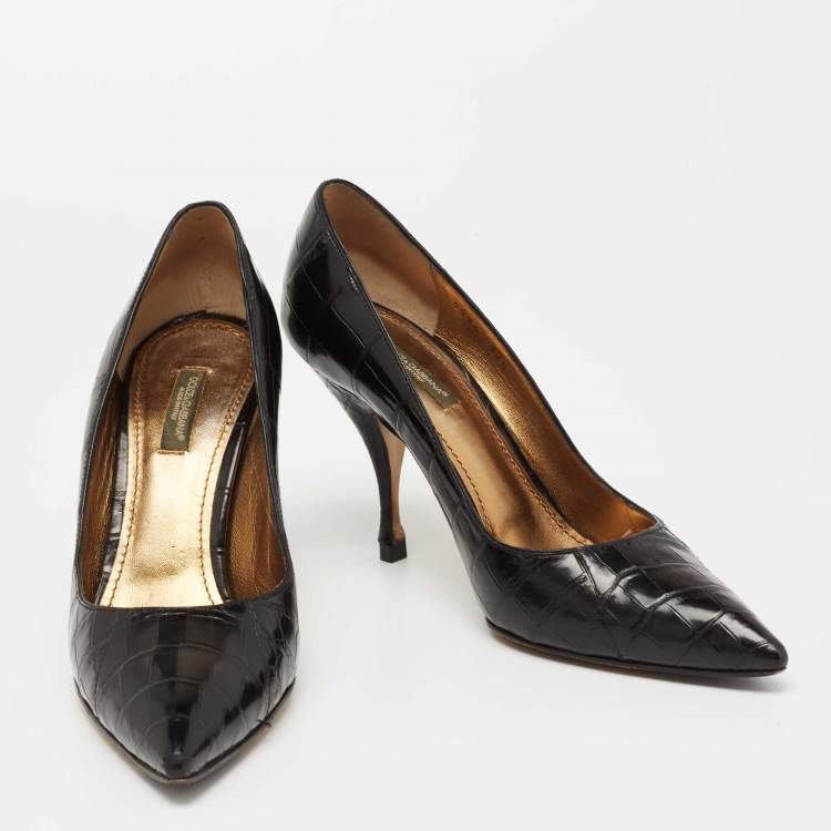 Pre Owned Dolce & Gabbana Black Croc Embossed Leather Pointed Toe Pumps Size 37.5