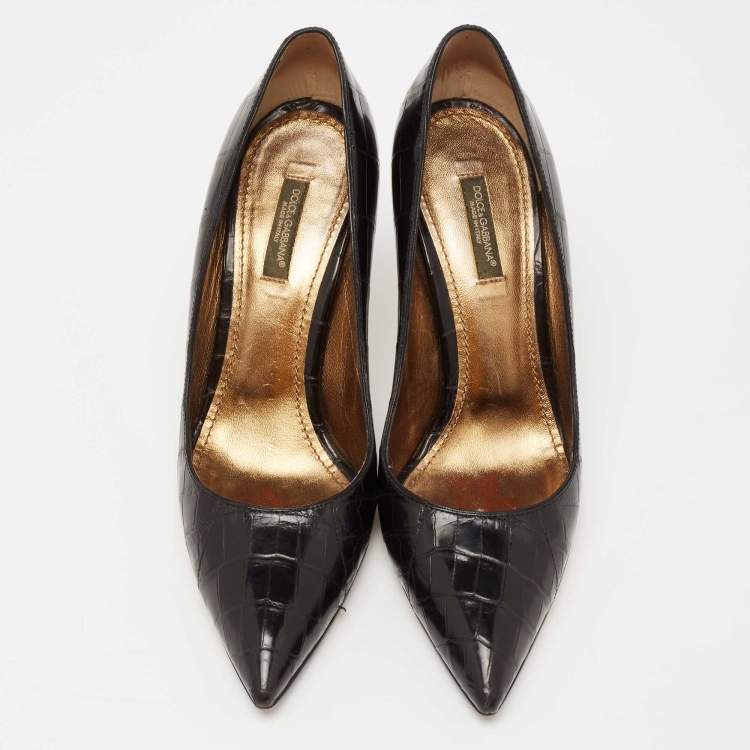 Pre Owned Dolce & Gabbana Black Croc Embossed Leather Pointed Toe Pumps Size 37.5