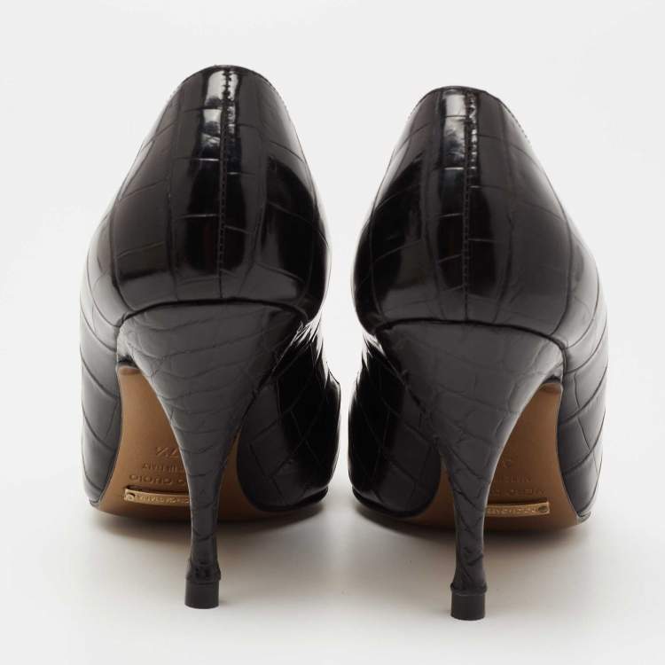 Pre Owned Dolce & Gabbana Black Croc Embossed Leather Pointed Toe Pumps Size 37.5