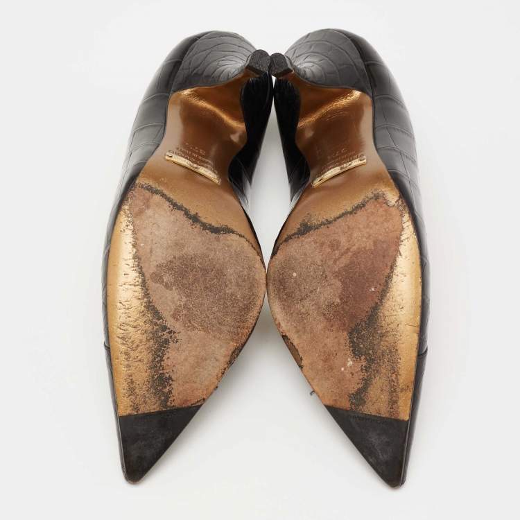 Pre Owned Dolce & Gabbana Black Croc Embossed Leather Pointed Toe Pumps Size 37.5