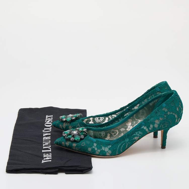 Pre Owned Dolce & Gabbana Green Lace Bellucci Jeweled Embellishment Pointed Toe Pumps Size 40