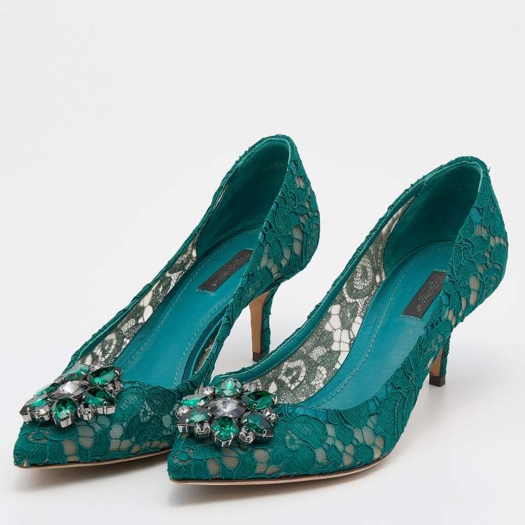 Dolce & Gabbana Green Lace Bellucci Jeweled Embellishment Pointed Toe Pumps  Size 40 Dolce & Gabbana | TLC