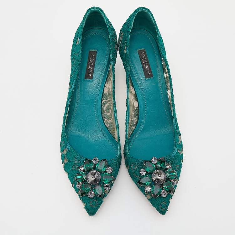 Pre Owned Dolce & Gabbana Green Lace Bellucci Jeweled Embellishment Pointed Toe Pumps Size 40