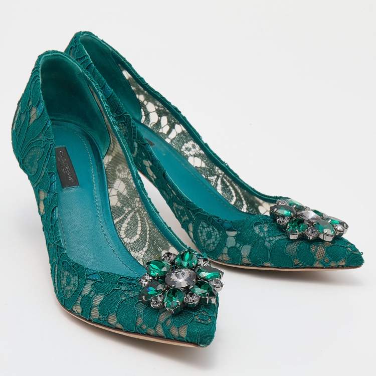 Pre Owned Dolce & Gabbana Green Lace Bellucci Jeweled Embellishment Pointed Toe Pumps Size 40