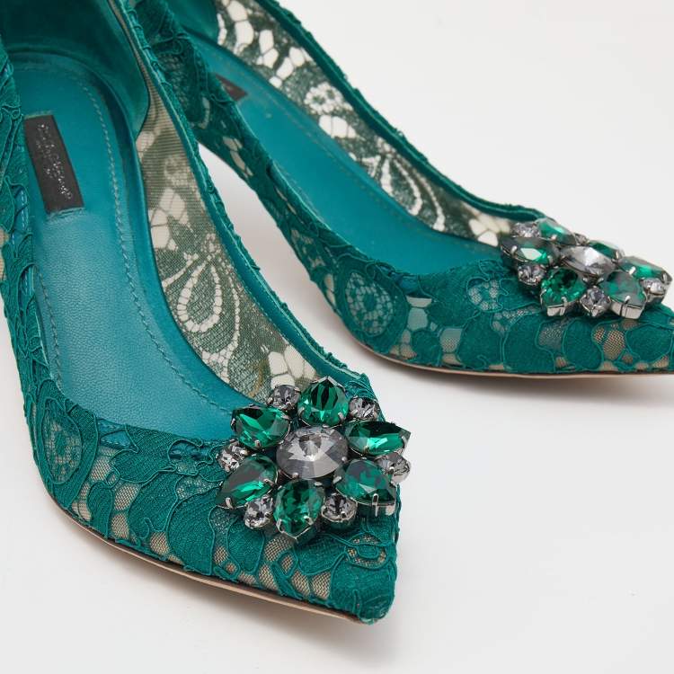 Pre Owned Dolce & Gabbana Green Lace Bellucci Jeweled Embellishment Pointed Toe Pumps Size 40