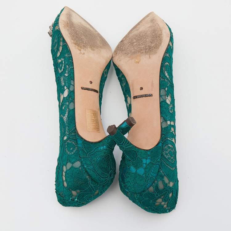 Pre Owned Dolce & Gabbana Green Lace Bellucci Jeweled Embellishment Pointed Toe Pumps Size 40