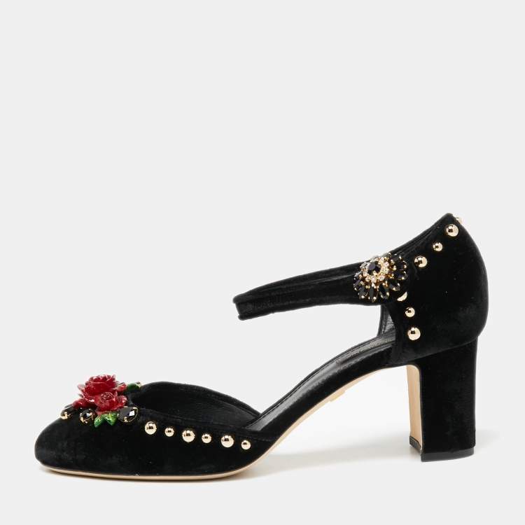 Pre Owned Dolce & Gabbana Black Velvet Studded and Rose Embellished Ankle-Strap Pumps Size 40