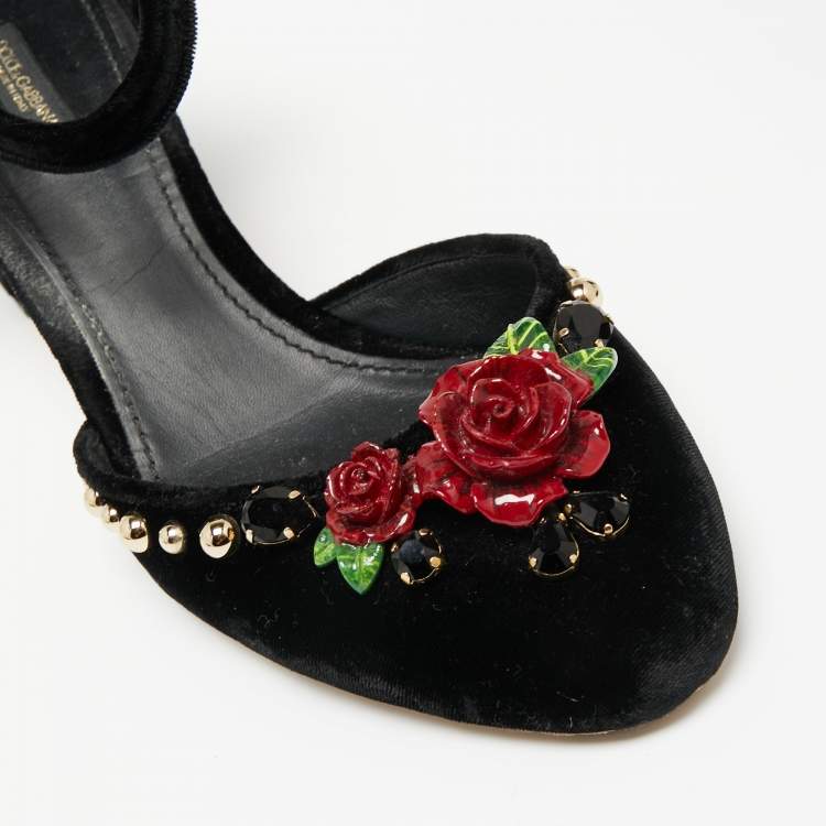 Pre Owned Dolce & Gabbana Black Velvet Studded and Rose Embellished Ankle-Strap Pumps Size 40