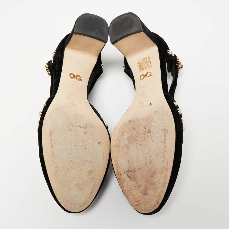 Pre Owned Dolce & Gabbana Black Velvet Studded and Rose Embellished Ankle-Strap Pumps Size 40