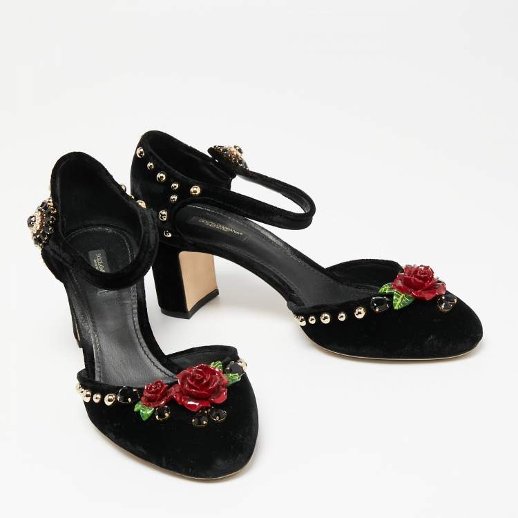 Pre Owned Dolce & Gabbana Black Velvet Studded and Rose Embellished Ankle-Strap Pumps Size 40