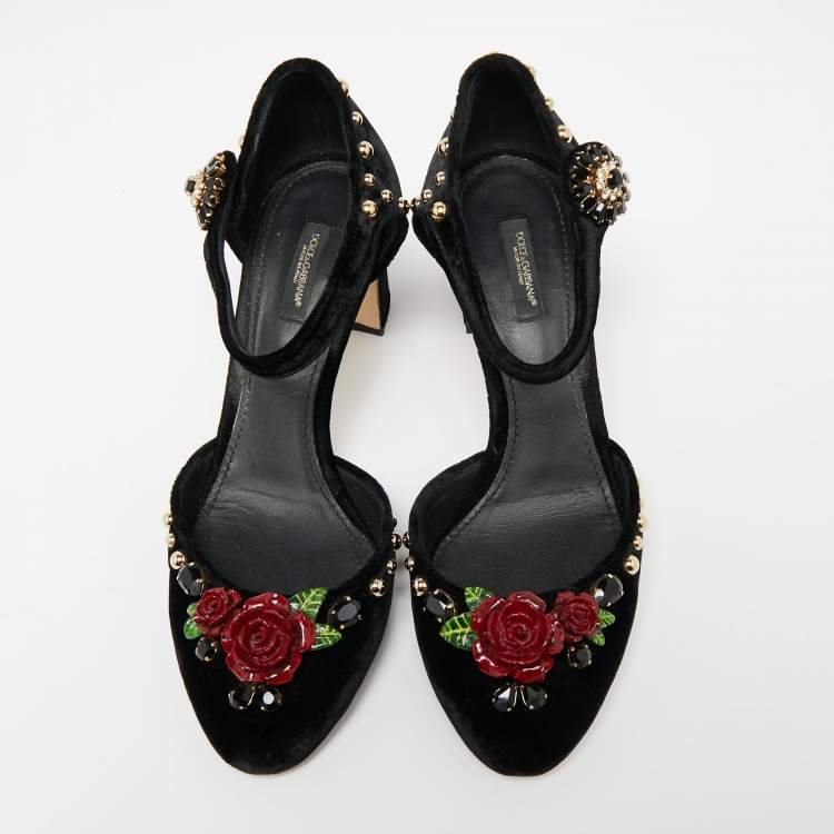 Pre Owned Dolce & Gabbana Black Velvet Studded and Rose Embellished Ankle-Strap Pumps Size 40