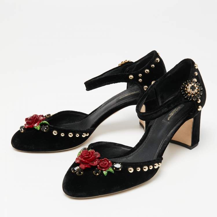Pre Owned Dolce & Gabbana Black Velvet Studded and Rose Embellished Ankle-Strap Pumps Size 40