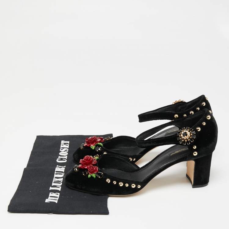 Pre Owned Dolce & Gabbana Black Velvet Studded and Rose Embellished Ankle-Strap Pumps Size 40