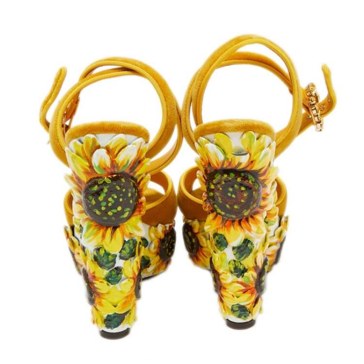 Pre Owned Dolce & Gabbana Yellow Sunflower Velvet Pottery Platform Sandals Size 36