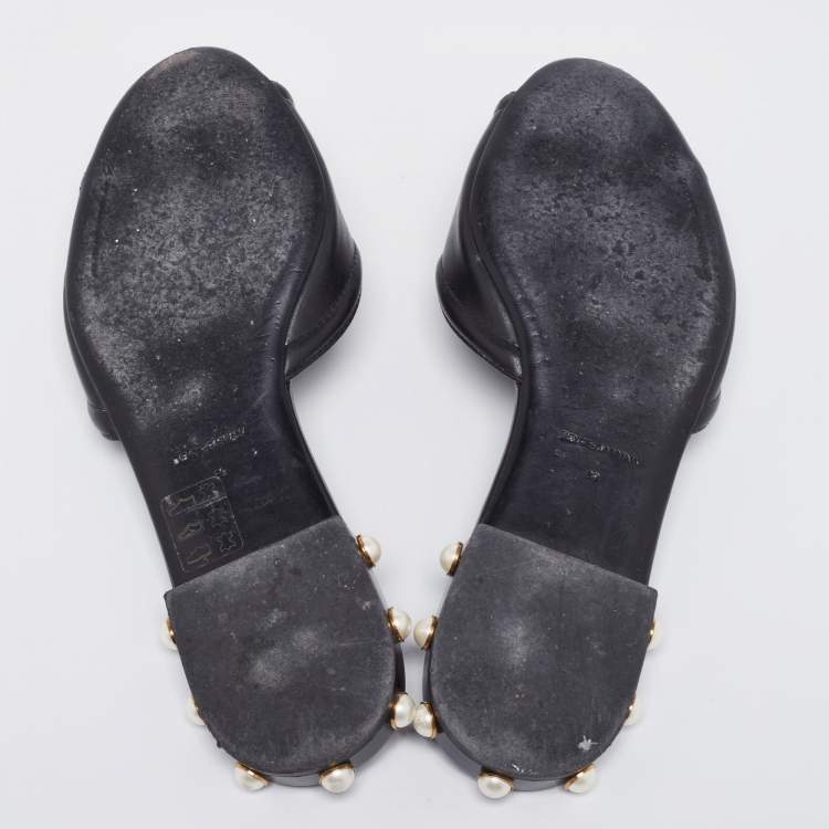 Pre Owned Dolce & Gabbana Black Leather DG Amore Logo Embellished Flat Slide Sandals Size 38