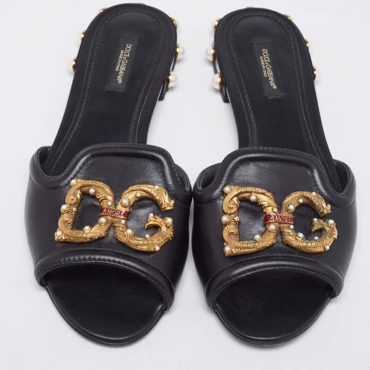 Pre Owned Dolce & Gabbana Black Leather DG Amore Logo Embellished Flat Slide Sandals Size 38