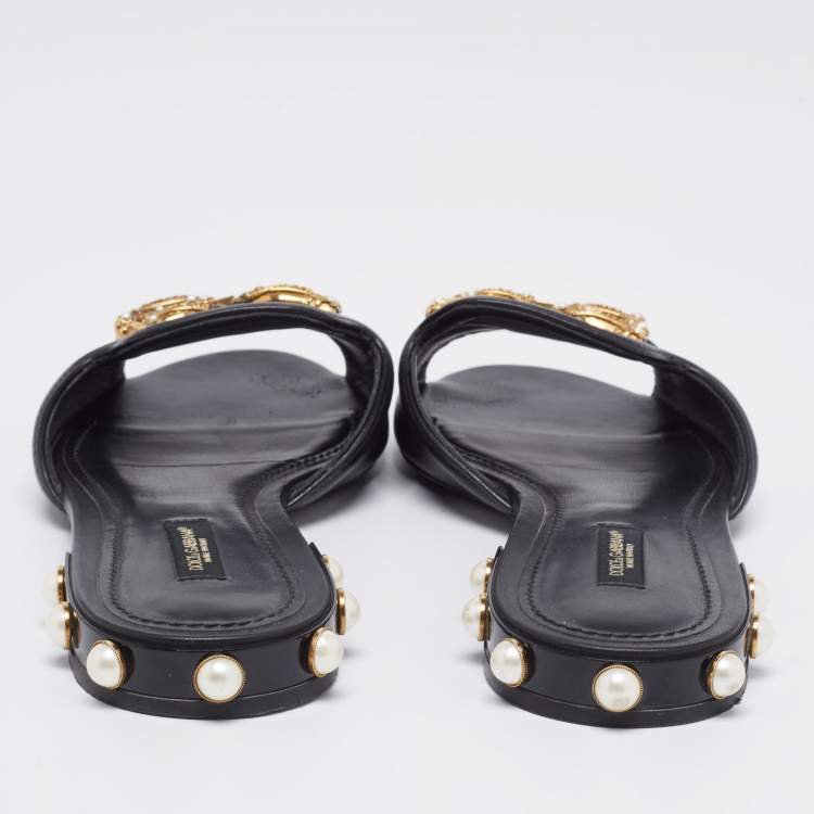 Pre Owned Dolce & Gabbana Black Leather DG Amore Logo Embellished Flat Slide Sandals Size 38