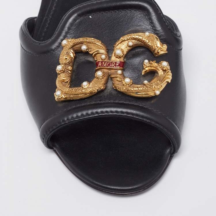 Pre Owned Dolce & Gabbana Black Leather DG Amore Logo Embellished Flat Slide Sandals Size 38