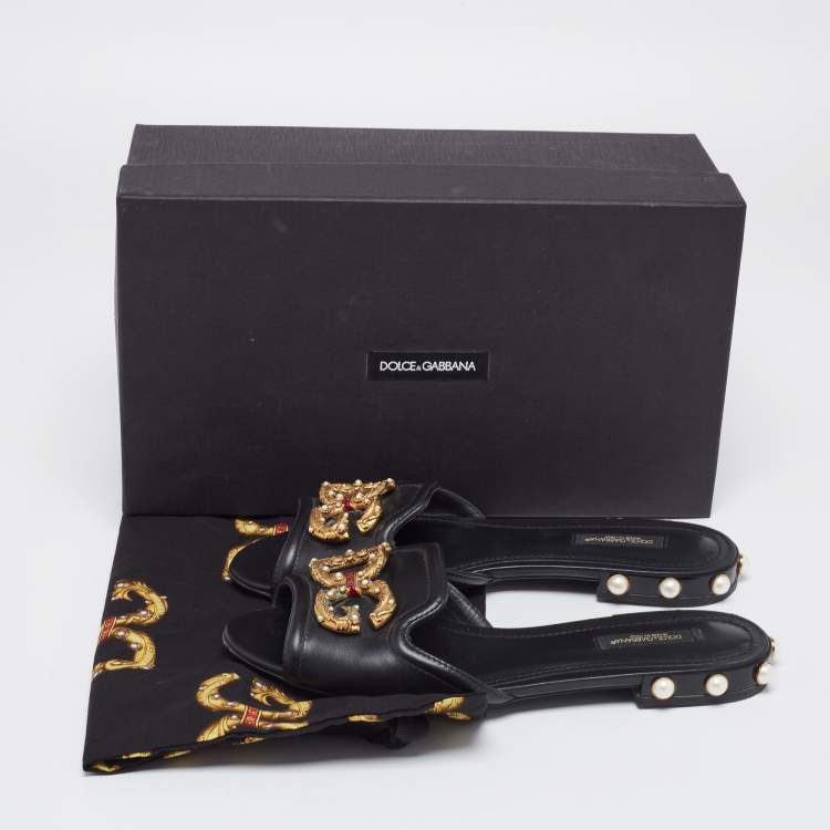 Pre Owned Dolce & Gabbana Black Leather DG Amore Logo Embellished Flat Slide Sandals Size 38