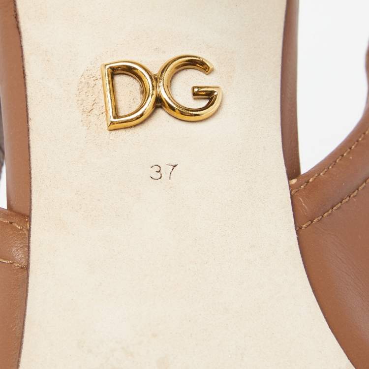 Pre Owned Dolce & Gabbana Brown Leather DG Amore Logo Embellished Slingback Sandals Size 37