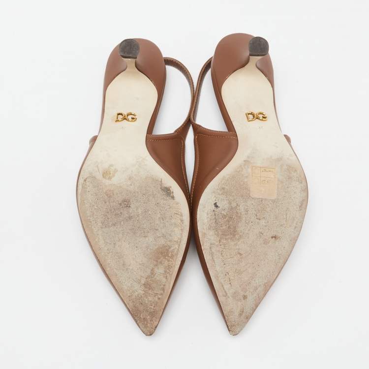 Pre Owned Dolce & Gabbana Brown Leather DG Amore Logo Embellished Slingback Sandals Size 37