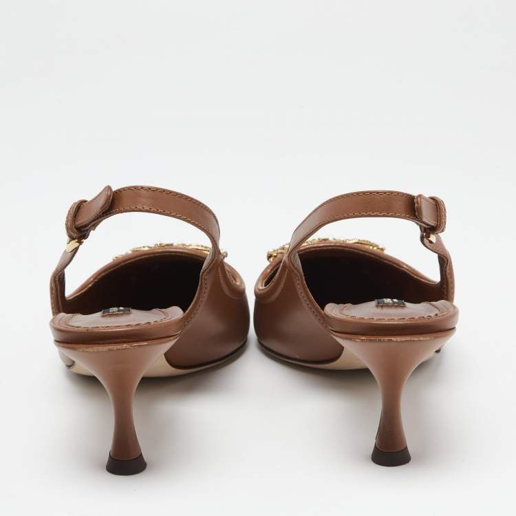Pre Owned Dolce & Gabbana Brown Leather DG Amore Logo Embellished Slingback Sandals Size 37