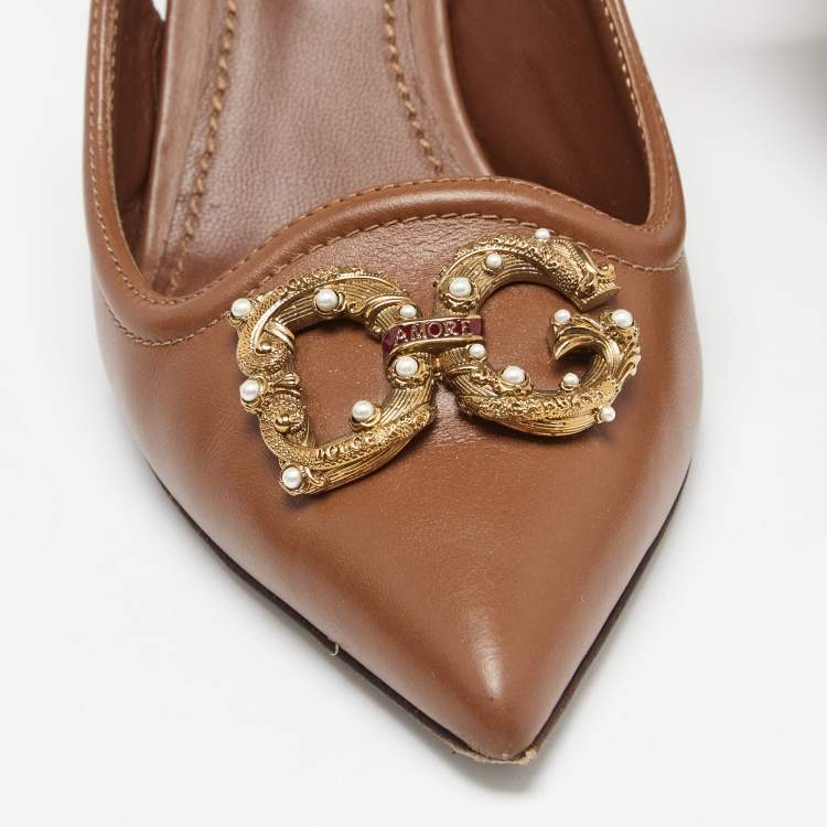 Pre Owned Dolce & Gabbana Brown Leather DG Amore Logo Embellished Slingback Sandals Size 37
