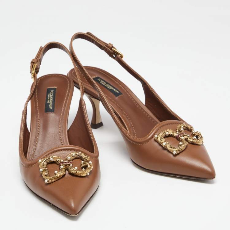 Pre Owned Dolce & Gabbana Brown Leather DG Amore Logo Embellished Slingback Sandals Size 37