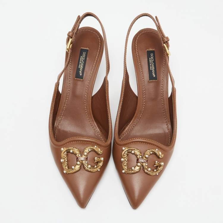 Pre Owned Dolce & Gabbana Brown Leather DG Amore Logo Embellished Slingback Sandals Size 37