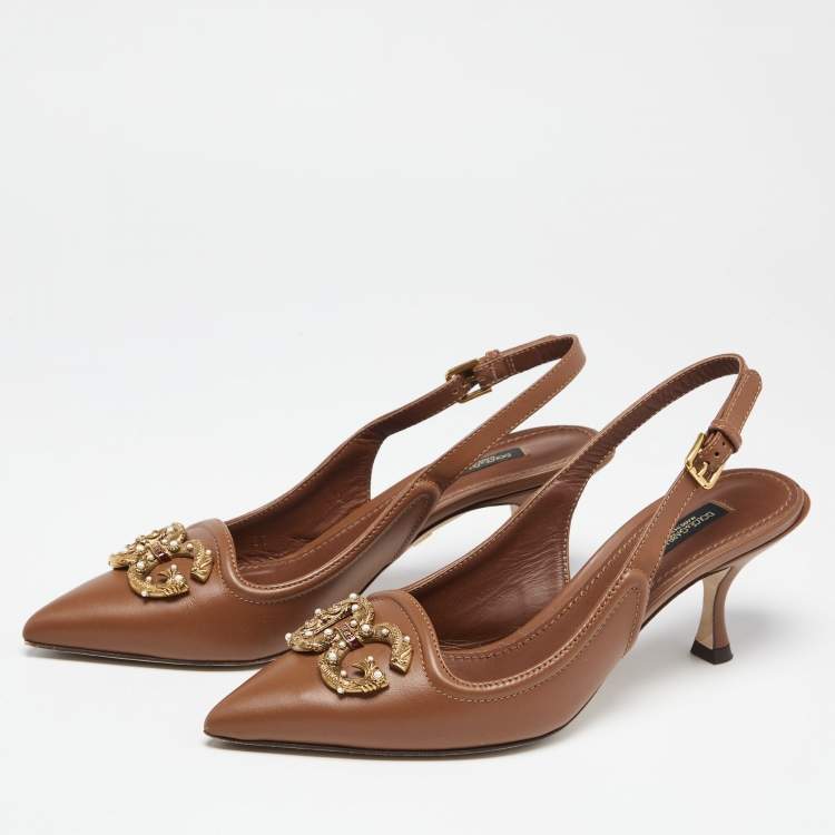 Pre Owned Dolce & Gabbana Brown Leather DG Amore Logo Embellished Slingback Sandals Size 37