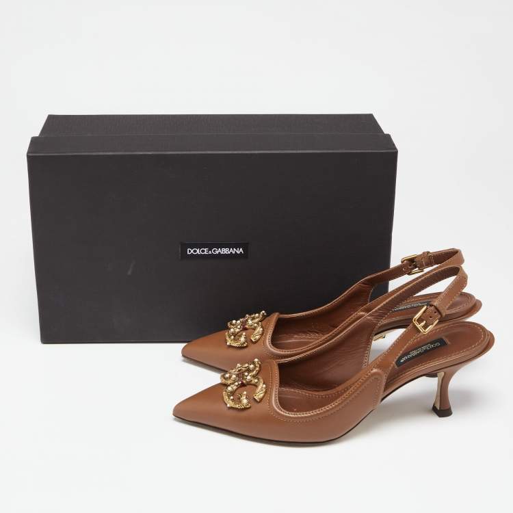 Pre Owned Dolce & Gabbana Brown Leather DG Amore Logo Embellished Slingback Sandals Size 37