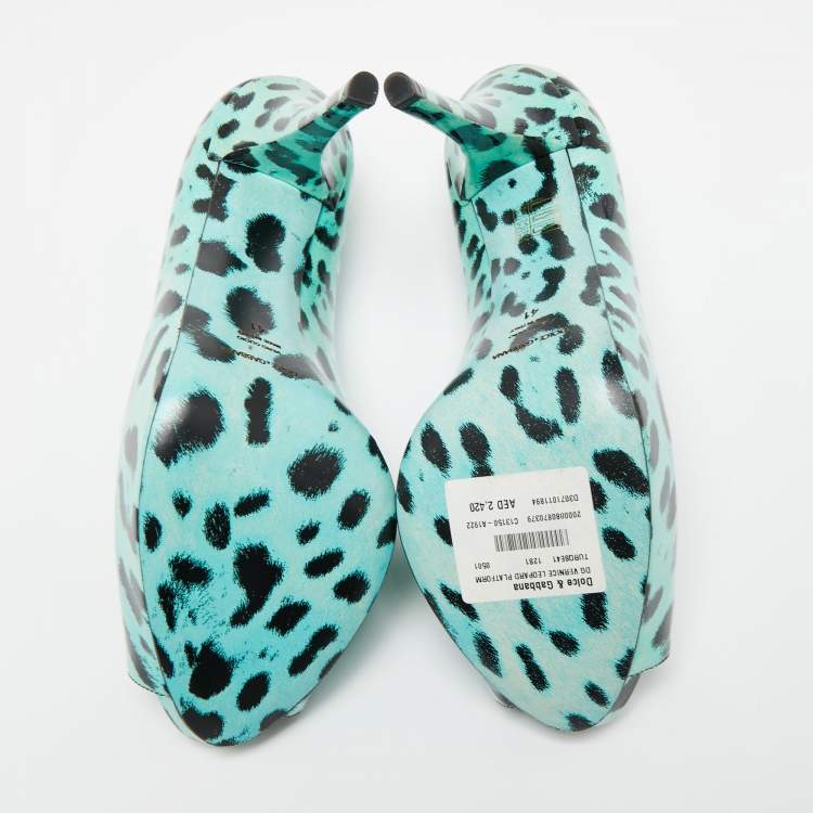 Pre Owned Dolce & Gabbana Blue Leopard Print Patent Leather Peep Toe Platform Pumps Size 41