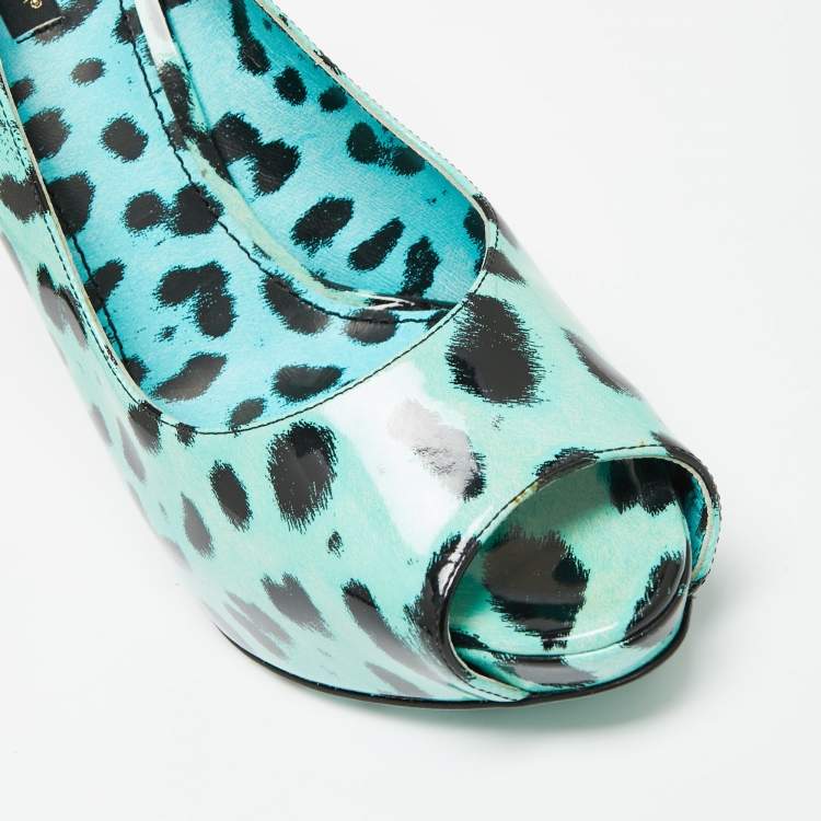 Pre Owned Dolce & Gabbana Blue Leopard Print Patent Leather Peep Toe Platform Pumps Size 41