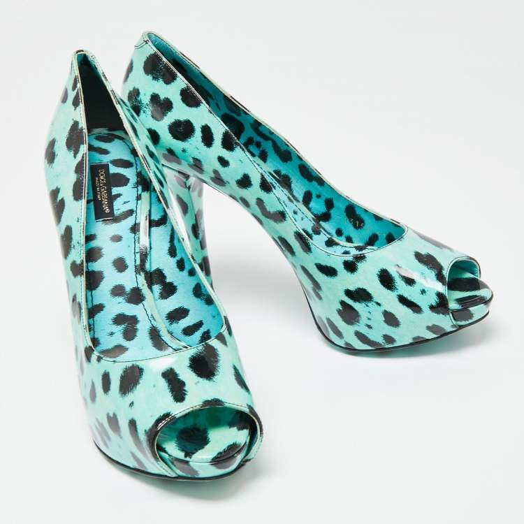 Pre Owned Dolce & Gabbana Blue Leopard Print Patent Leather Peep Toe Platform Pumps Size 41