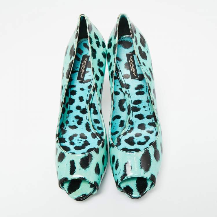 Pre Owned Dolce & Gabbana Blue Leopard Print Patent Leather Peep Toe Platform Pumps Size 41
