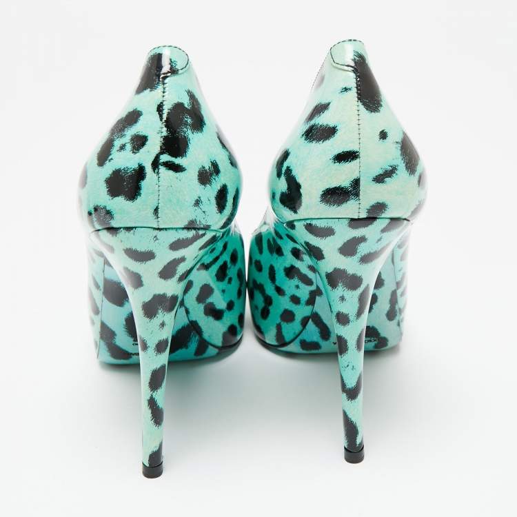 Pre Owned Dolce & Gabbana Blue Leopard Print Patent Leather Peep Toe Platform Pumps Size 41