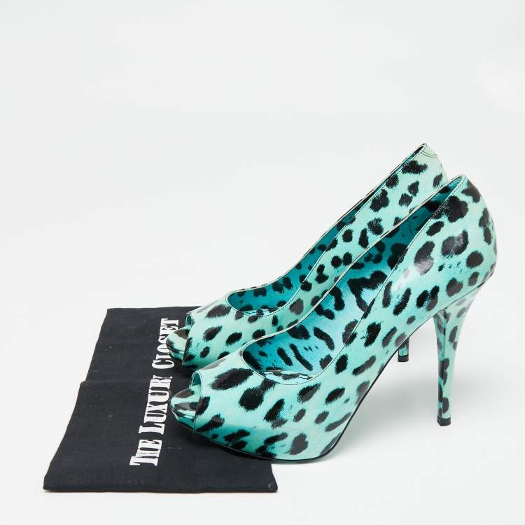 Pre Owned Dolce & Gabbana Blue Leopard Print Patent Leather Peep Toe Platform Pumps Size 41