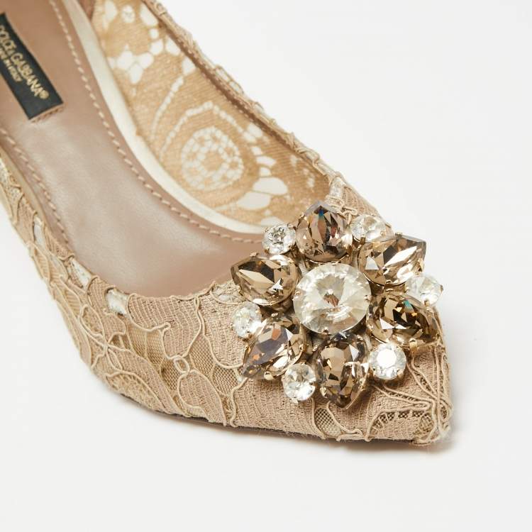 Pre Owned Dolce & Gabbana Beige Lace Bellucci Crystal Embellished Pointed Toe Pumps Size 36